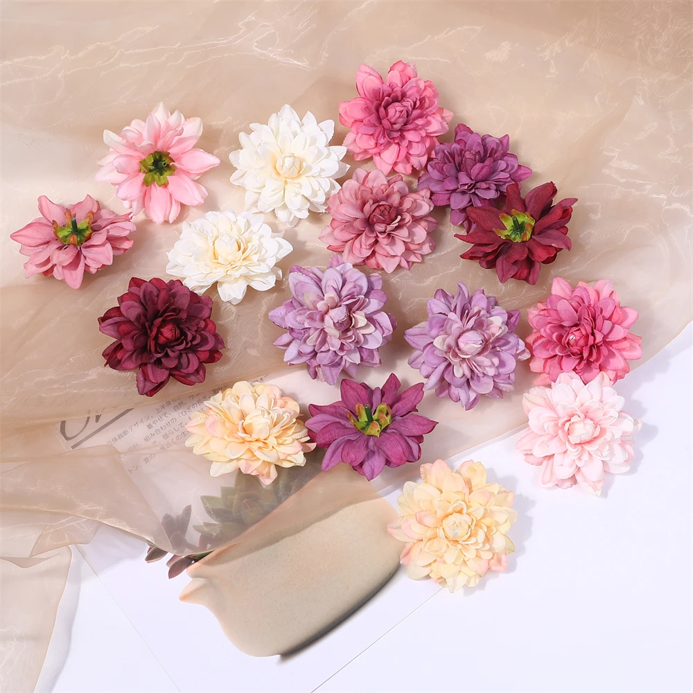 5PCS Dahlia Artificial Silk Flowers Heads For Wedding Home Decoration DIY Wreath Gift Box Scrapbooking Craft Fake Flower Head