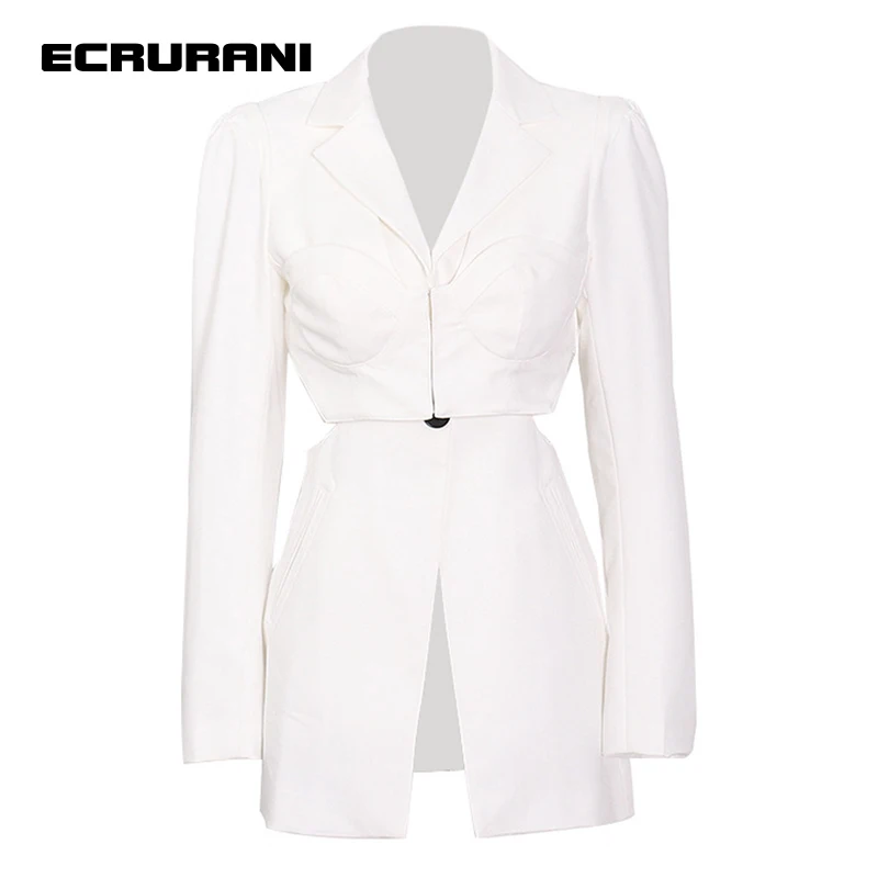 

ECRURANI White Elegant Blazer For Women Notched Long Sleeve Single Button Slimming Patchwork Blazers Females Clothing 2021 Style