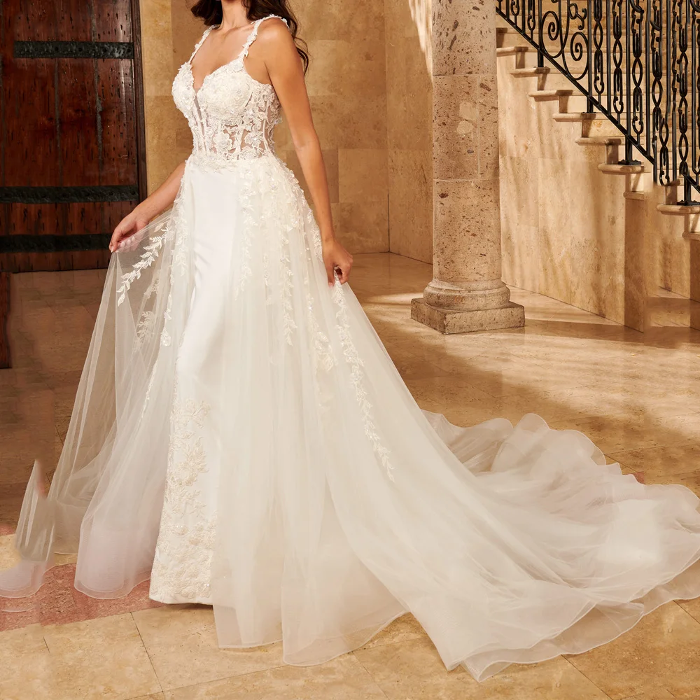 

Wedding Dresses Bridal Gowns Floral Applique with Beading Sequins Long Court Train Tulle Satin