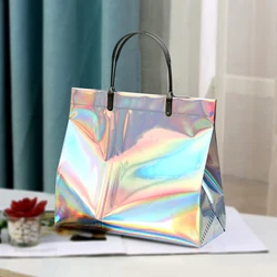 Sacola do laser do PVC para mulheres, bolsa de praia, impermeável, grosso, portátil, roupa, composição, compra, sacos do punho da forma, S, M, L