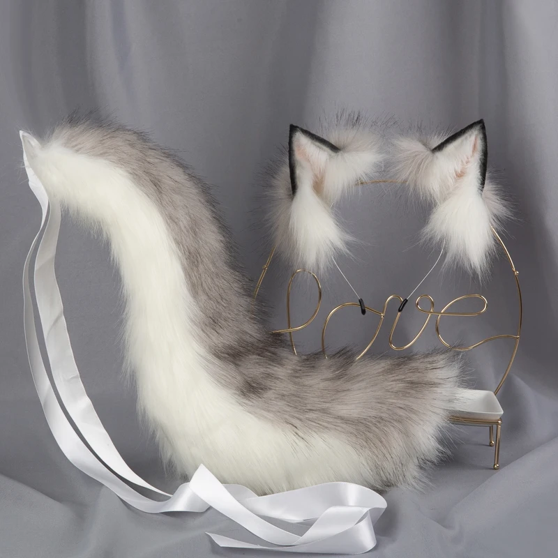 

Handmade Work Beast Gray Wolf Cat Dog Ears Hairhoop Hairhoop Tail Set Cosplay Prop Anime Game Halloween Costume Accessories