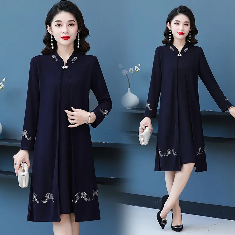 Middle-aged Mother Autumn and Winter Women's Bress Women's Clothing Vestidos Fake two Western Style Jacket Feast dress