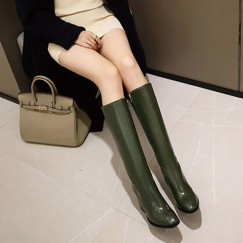 Sgesvier Casual style round toe oily knee high boots fashion zipper white black yellow high with thick riding boots women shoes