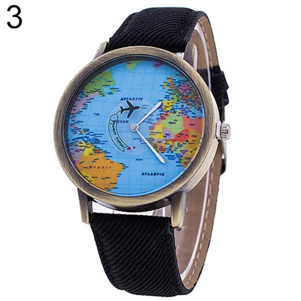 Mini World Quartz Watch para homens e mulheres, mapa unisex, avião, viagem, relógio de pulso de couro, relógio de moda, venda quente