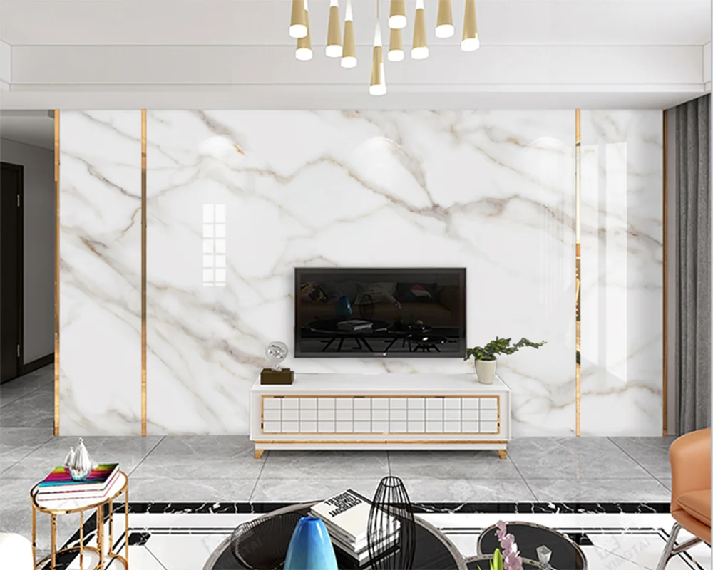 beibehang Customized modern papel de parede golden silk white jade marble pattern jazz white slab TV background wallpaper