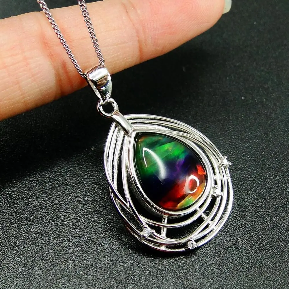 

Beautiful Ammolite Pendant 925 Sterling Silver Natural Multi Color MOP Water Drop Pendant Necklace For Women Engagement Wedding