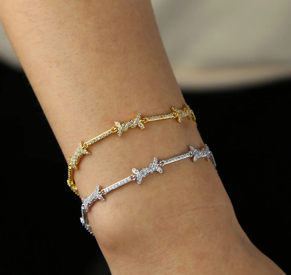 High Quality Clear CZ Barbed Wire Charm Link Chain Bracelet 15+4cm Adjusted Silver Color Delicate Fashion Jewelry For Women