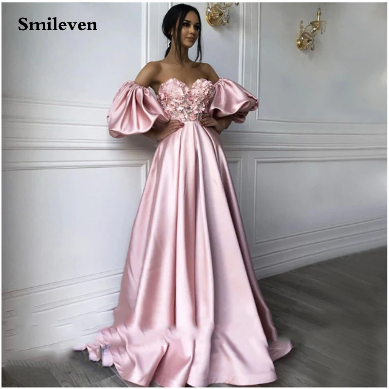 Smileven Roze Sweetheart Neck Caftan Avondjurken Bloemen Volledige Mouw Arabisch Speciale Gelegenheid Jurken Avond Partij Jassen