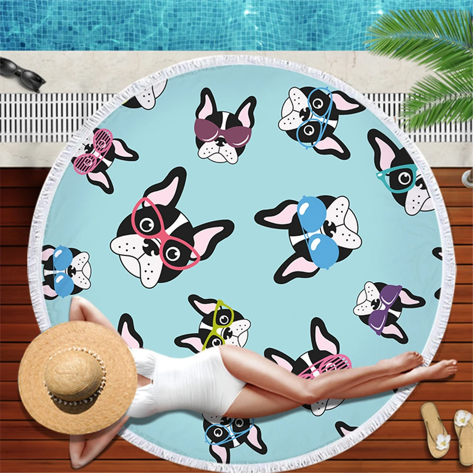 Cartoon Bulldog Glasses Summer Round Beach Towel Microfiber Bath Towel Terry Bath Roundie Sport Swimming Beach Towels For Adults