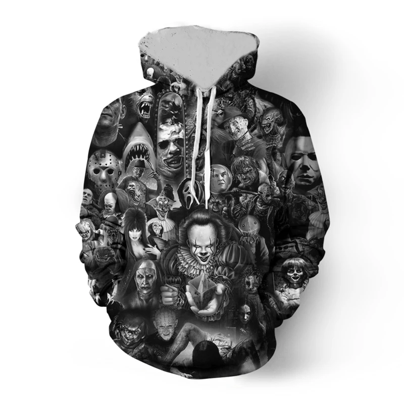 Men Horror Movie Clown Hoodies Funny Characters 3D Print Sweatshirt Male Fashion Full Printed Unisex Hoodies Plus Size