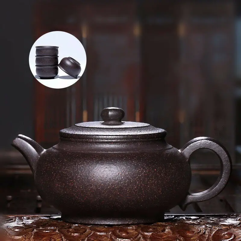 

true yixing zisha tea pot marked full handmade ball shaped infuser holes pot of tea black galaxy clay original ore tea cup China