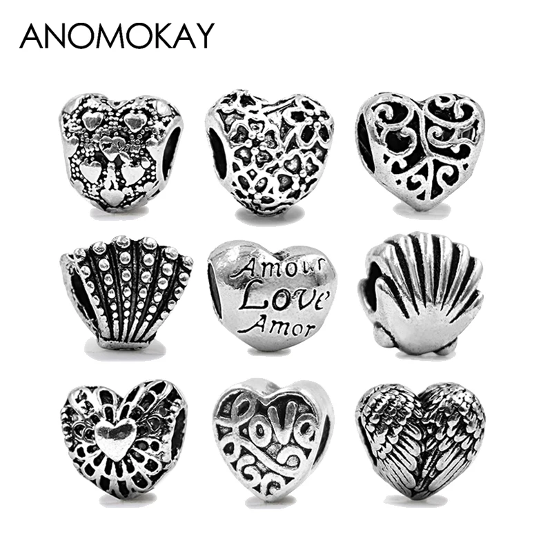 ANOMOKAY 9PCS/LOT Mix Style Antique Silver Color Heart Love Charm fit Bracelets & Bangles Necklace for DIY Jewelry Making