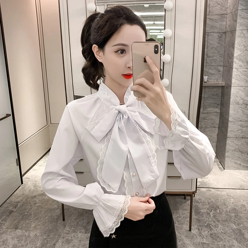 Frill Trim Shirt Mulheres Bow Knot Collar Festa Lanterna Manga Pliado Camisa Blusa Feminino Rendas Patchwork Moda Elegante Outono