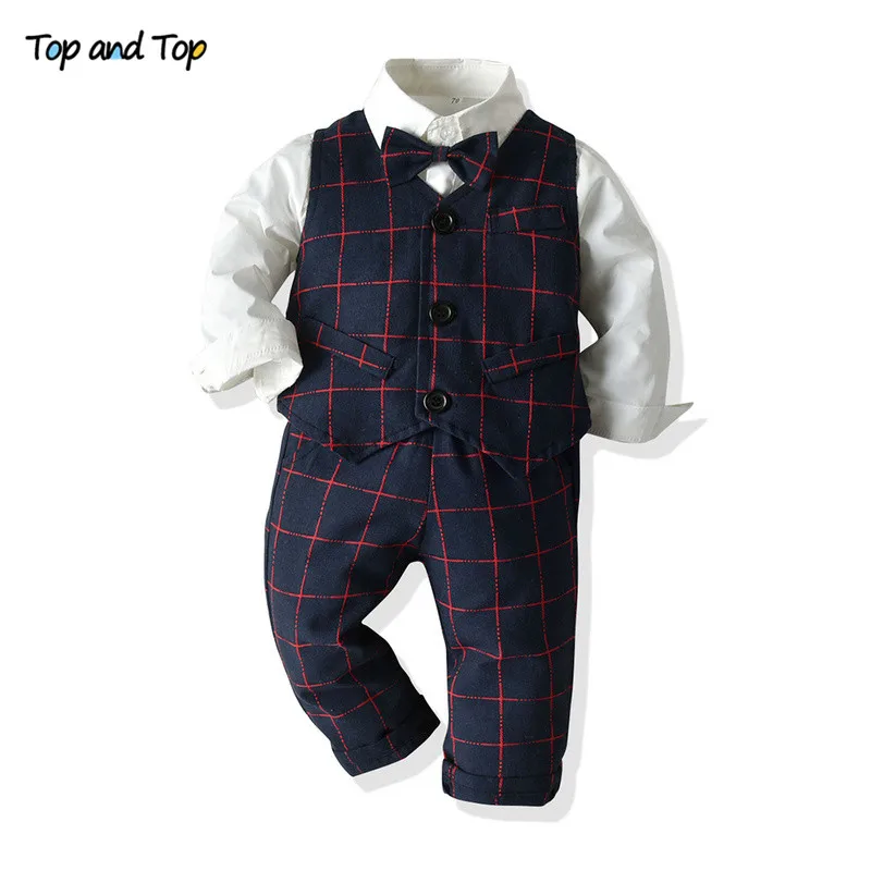 

Top and Top Fashion Baby Boy Clothing Set Newborn Gentleman Suit White Bowtie Shirt+Vest+Pants Toddler Plaid Casual 3Pcs Outfits