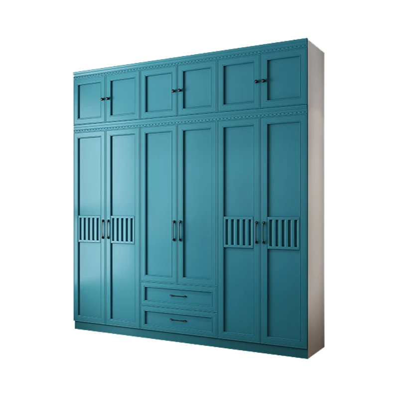 Wardrobe Modern minimalist cabinet Household girls bedroom Blue and white wooden whole wardrobe for rental room