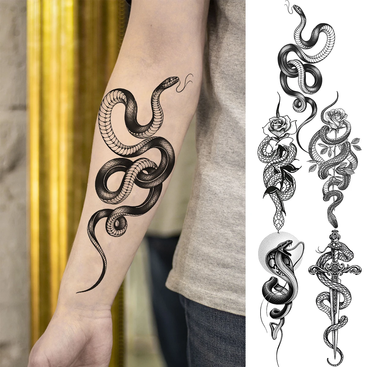 Realistic Snake Stylish Forearm Temporary Tattoos For Men Adult Rose Flower Sword Serpent Fake Tattoo Body Art Waterproof Tatoos