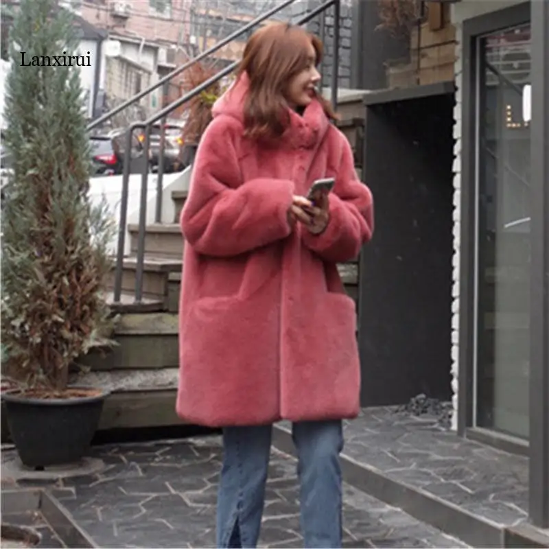 

New Warm Windproof Jacket Hoodie Outwear Fake Rabbit Fur Coat Retro Fur Windbreaker Hooded Faux Fur Length Coat