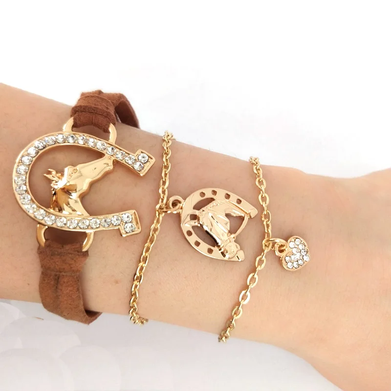 hzew 3 pcs/set Leather rope horse head horseshoe bracelet gold color horse heart bracelets