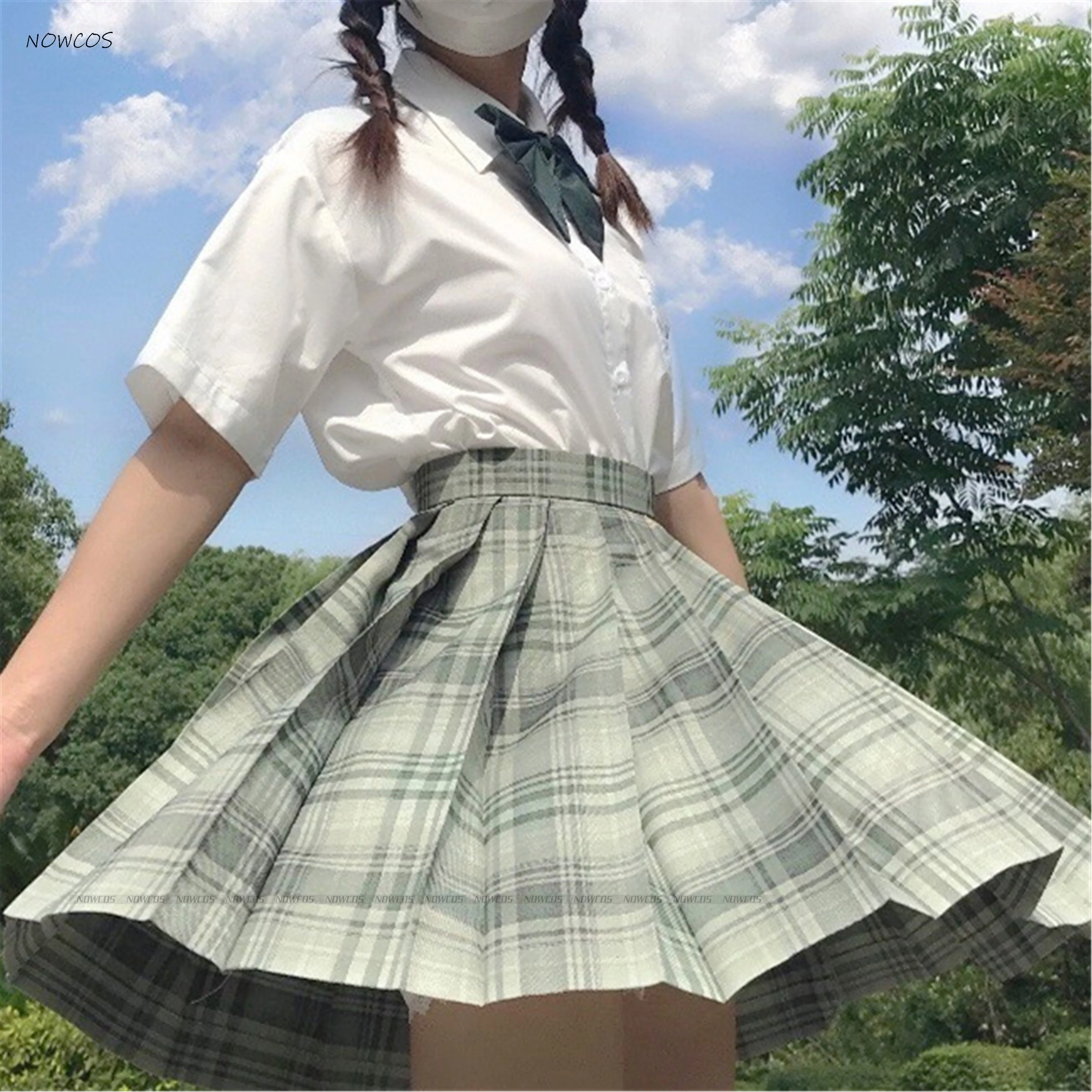 [Bamboo Forest Wind] Long/Short sleeve High Waist Green Plaid Pleated Skirts Women Dress JK School Uniform Students Girls Skirt