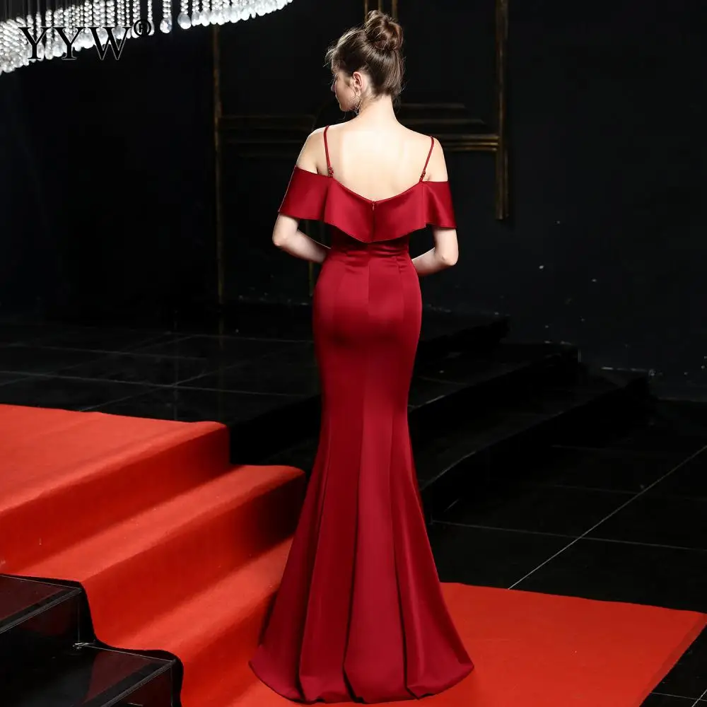 Rosso Vestito Da Sera Elegante Della Cinghia di Spaghetti Dell'increspatura Sexy Robe De Soiree Off Backless Della Spalla Sottile Delle Donne Del Partito Lungo Del Partito Abiti