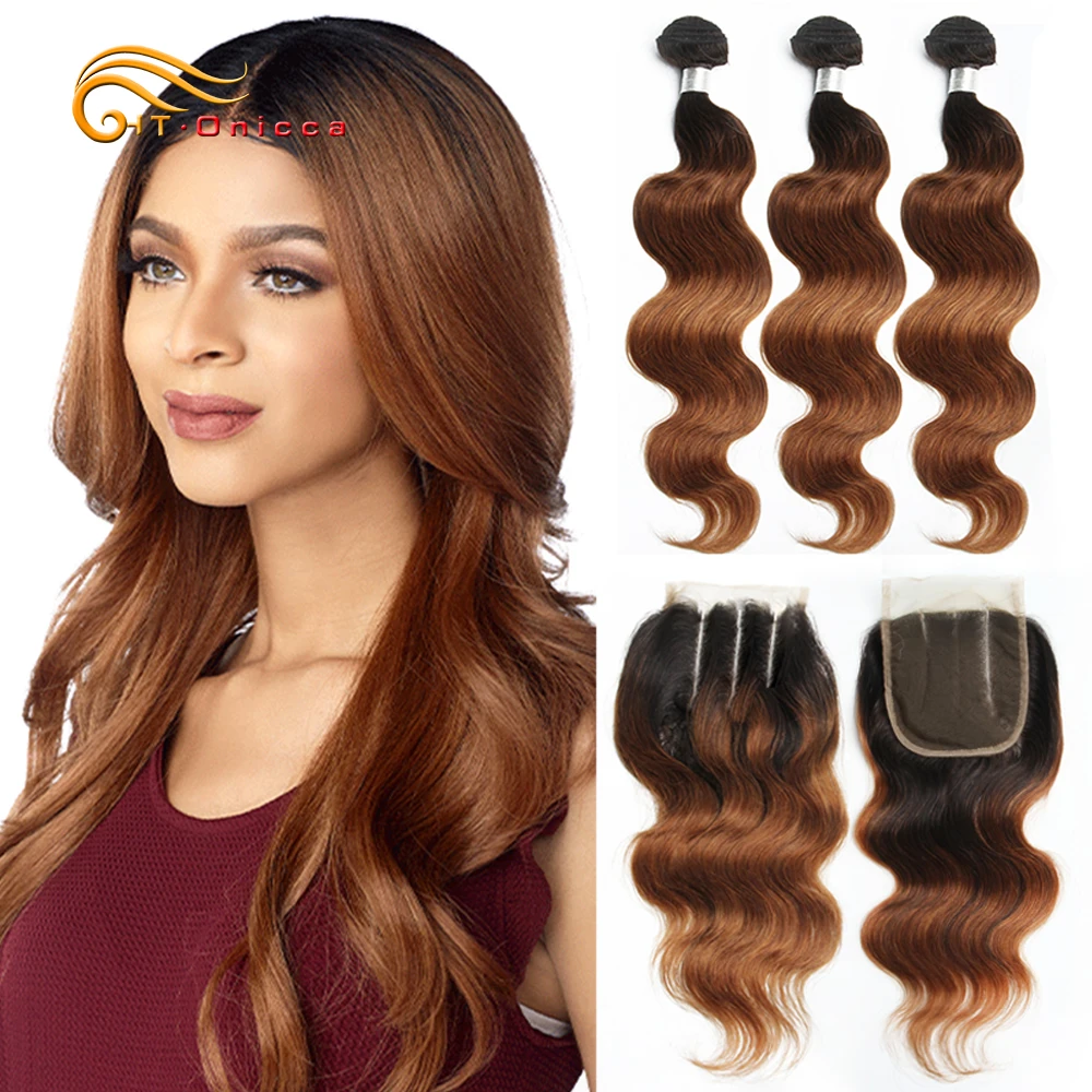 Ombre Brazilian Body Wave Bundles With Closure 70g/pc Human Hair 3 Bundles With Closure 1B/30 Honey Blonde Bundles With Closure