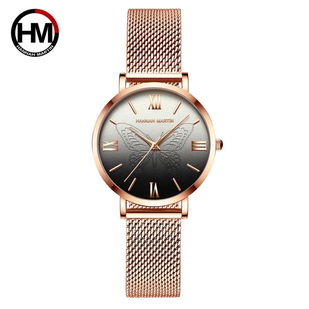 2021New Women\'s Watch Luxury 3D Butterfly Rose Gold Mesh Strap Japanese Movement Waterproof Quartz Women Wristwatch Montre Femme