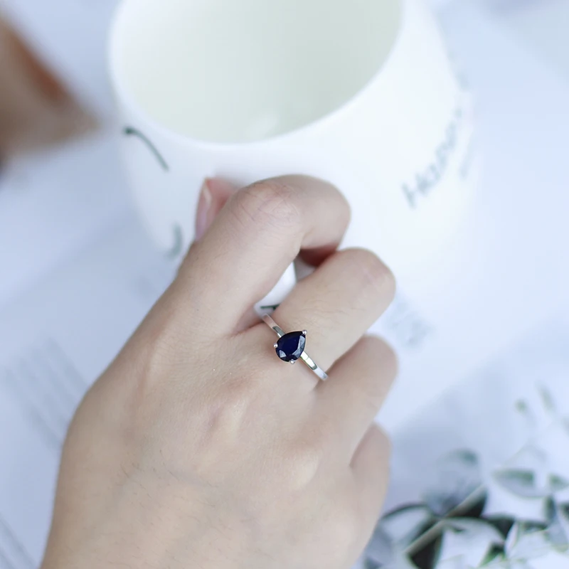 Gem\'s Ballet 1.29Ct Natural Blue Sapphire Solitaire Gemstone Rings 925 Sterling Silver Water Drop Ring For Women Fine Jewelry