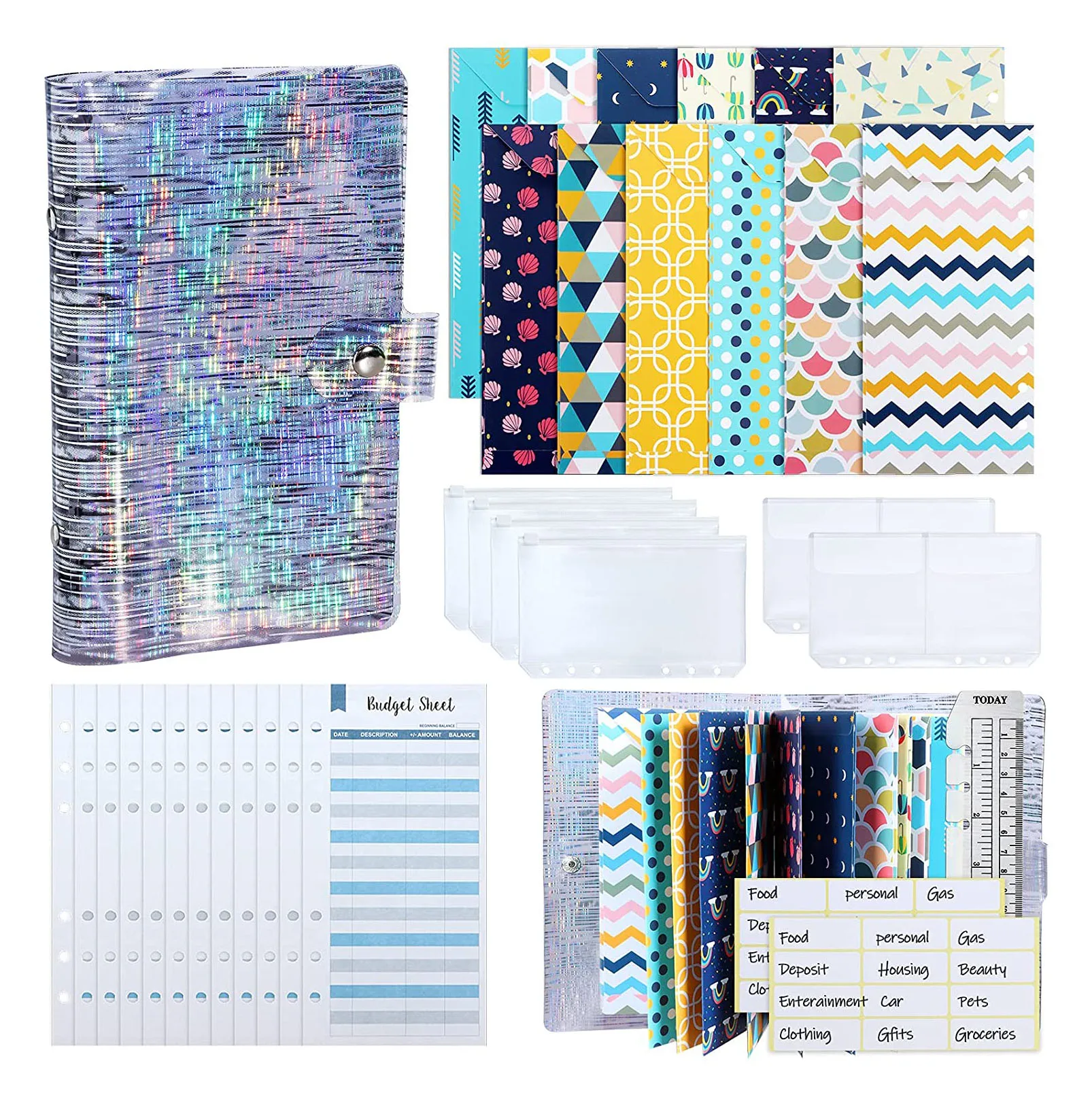 

34 Pcs Budget Binder Cash Envelope Planner System, with Money Envelopes,Expense Budget Sheets, PVC Storage Bags, Labels, Ruler