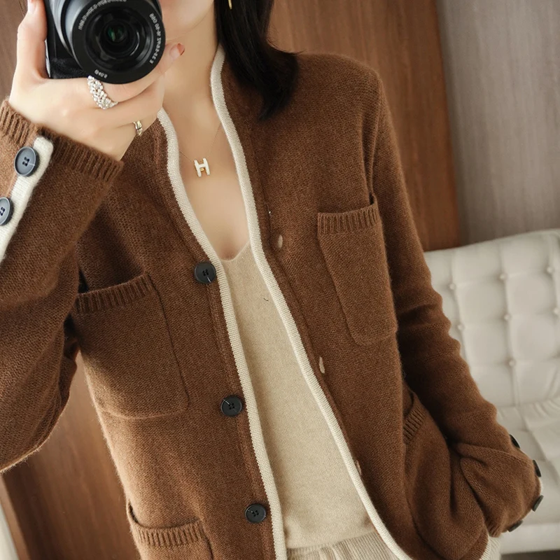 100% Cashmere Jacket 2023 Fall/Winter Women\'s Stand Collar Cardigan Wool Sweater Casual Knit Tops Korean Large Size Female Coat