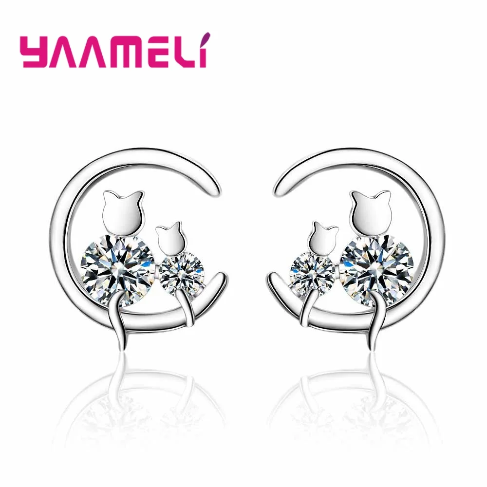 

Top Quality CZ Cubic Zirconia Stud Earrings for Women 925 Sterling Silver Lovely Cats Moon Design Promotion Fashion Jewelry