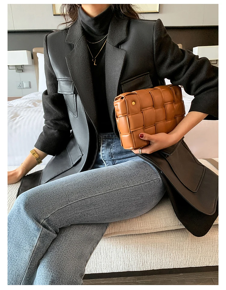 Nerazzurri Autumn Black Wool Blends Patchwork Leather Jacket Women with Many Pockets Long Sleeve Korean Fashion Streetwear 2022