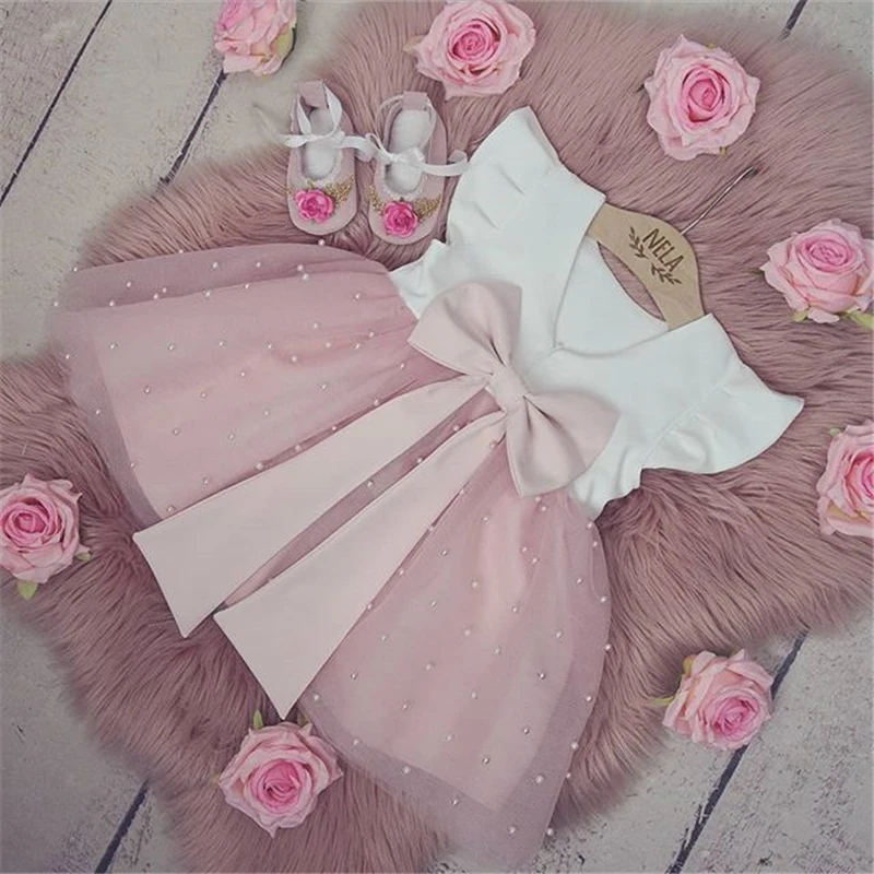 0-5Y Summer Princess Infant Baby Girls Dress Ruffles Sleeve Solid Pearl Lace Patchwork Back Bowknot Tutu Dress