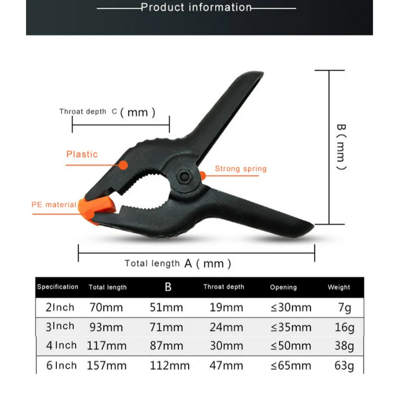 Pinces réglables en Nylon plastique pour le travail du bois, outils de menuiserie à ressort, pinces de menuiserie de 2/3/4 pouces