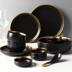 For1/ 4/6/8 Personal Black Porcelain Dinner Plates Set Ceramic Tableware Food Dishes Rice Salad Noodles Bowl Wiht Cutlery Set