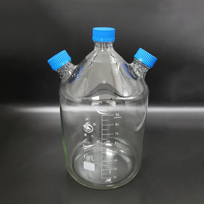 

Reagent bottle,With 3 blue screw covers,Borosilicate glass 3.3,Capacity 10000ml,Graduation Sample Vials Plastic Lid with 3 necks