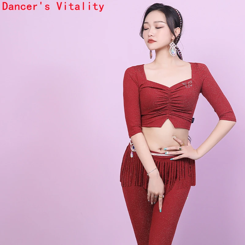 Vêtements d'entraînement de danse du ventre pour femmes, demi manches, haut + pantalon, 2 pièces, costume de danse orientale