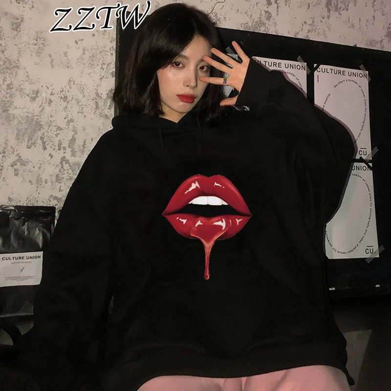 

New Women Hoodies Red Mouth Lip Kiss Sweatshirt Hoody Autumn Winter Long-sleeved Vintage Round Neck Lady Streetwear for female