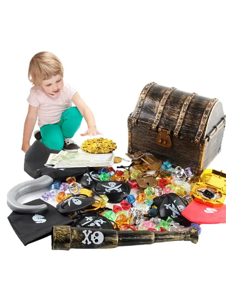 143pcs Kid Pirate Chest Box Golden Box Toy Kit Pirate Eye Sticker Retro Pirate Chest Children's Treasure HuAnt