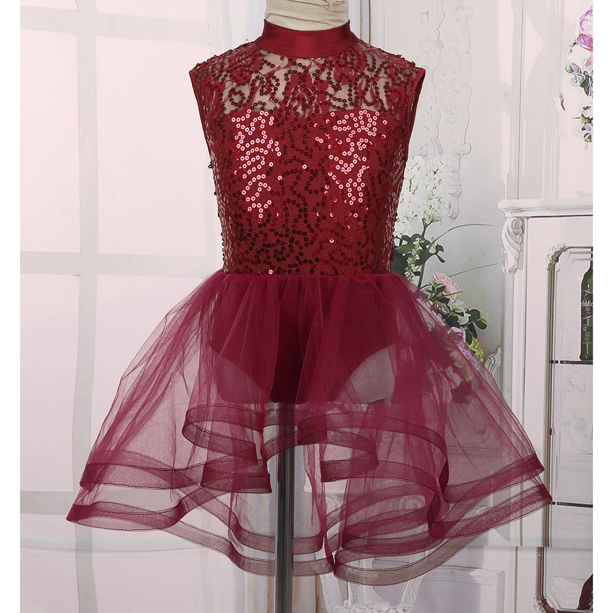 Girls Figure Ice Skating Dress Ballet Dress Leotard Dance Costume Sleeveless Mock Neck Sequins Keyhole Back Roller Skating Dress