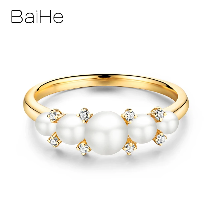 

BAIHE Solid 18K Yellow Gold 3-5mm Natural Freshwater Pearl Diamond Embellished Ring Women Trendy Delicate Elegant Anillo Perlas