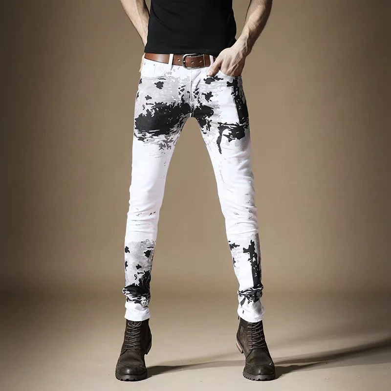 Free Shipping New simple men's casual trousers male White jeans street inkjet printed contrast color tie-dye Chinese style pants