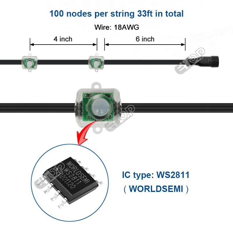 Imagem -02 - String 18awg Ws2811 Quadrado Led Pixel Nodesblack Fio Ip68 com Conector Raywu Paulzhang Xconnect 500 Peças Dc12v 100ct