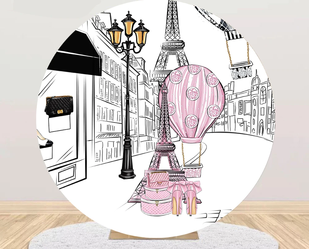 Paris France Theme Round Photography Background Cover Pink Fashion High heels Photo Backdrop Birthday Party Decoration  882