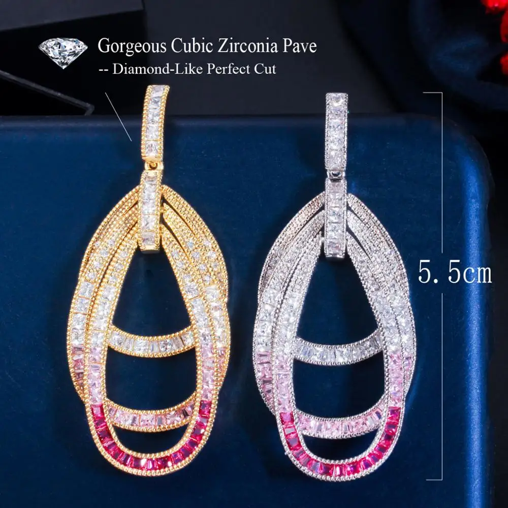 Pera Unique Pink Red Cubic Zirconia Silver Color Long Dangle Multilayer Circles Drop Luxury Wedding Party Earring for Women E641