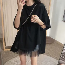 4XL Summer Tops for Women 2022 T-shirts Cotton Wide Sleeved Tops Solid Color White Black Splicing Tulle Top Party