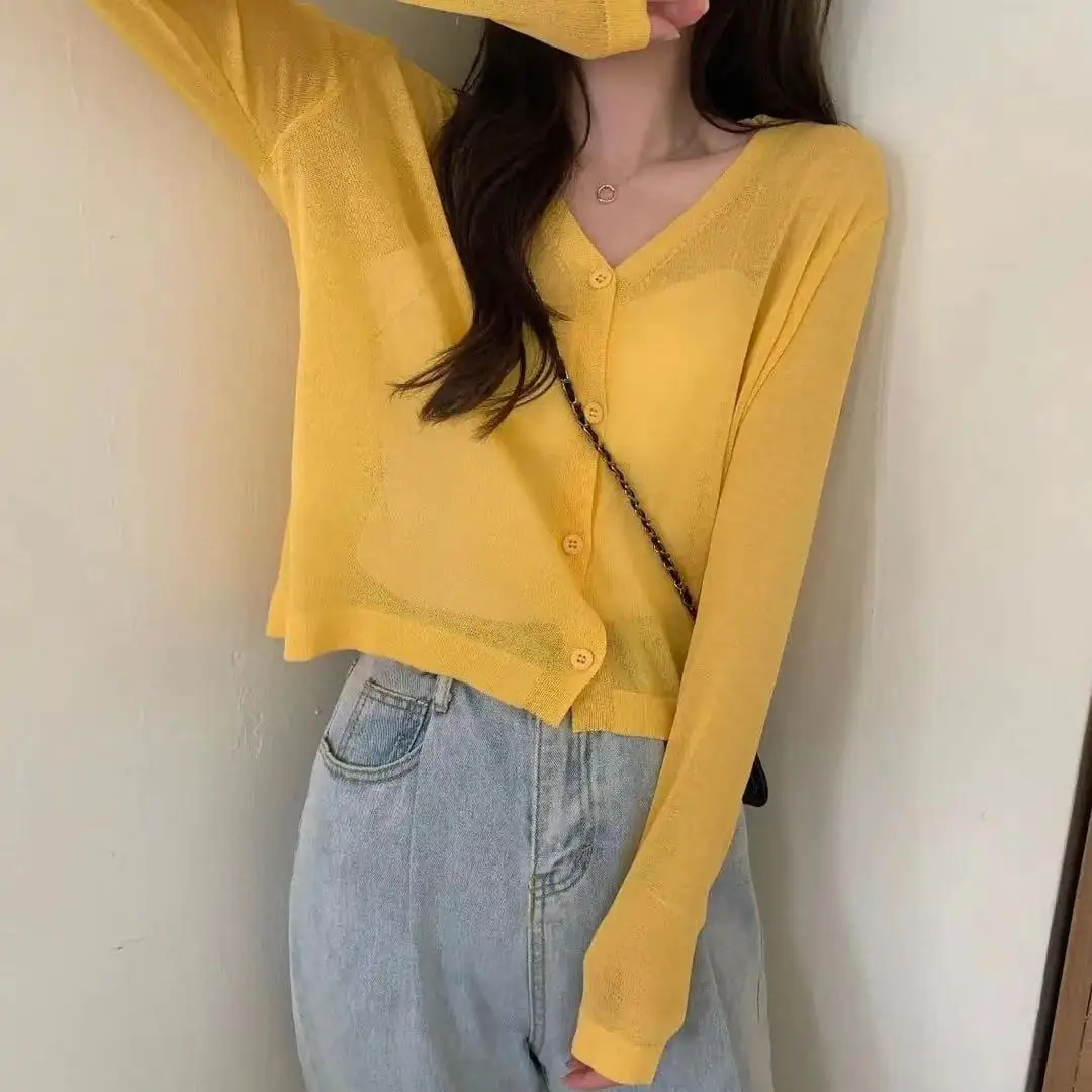 Cardigan Women Thin Casual Solid Simple Sun-proof Summer Popular Crops Female Single Breasted Korean Loose Knitted Ins Clothing