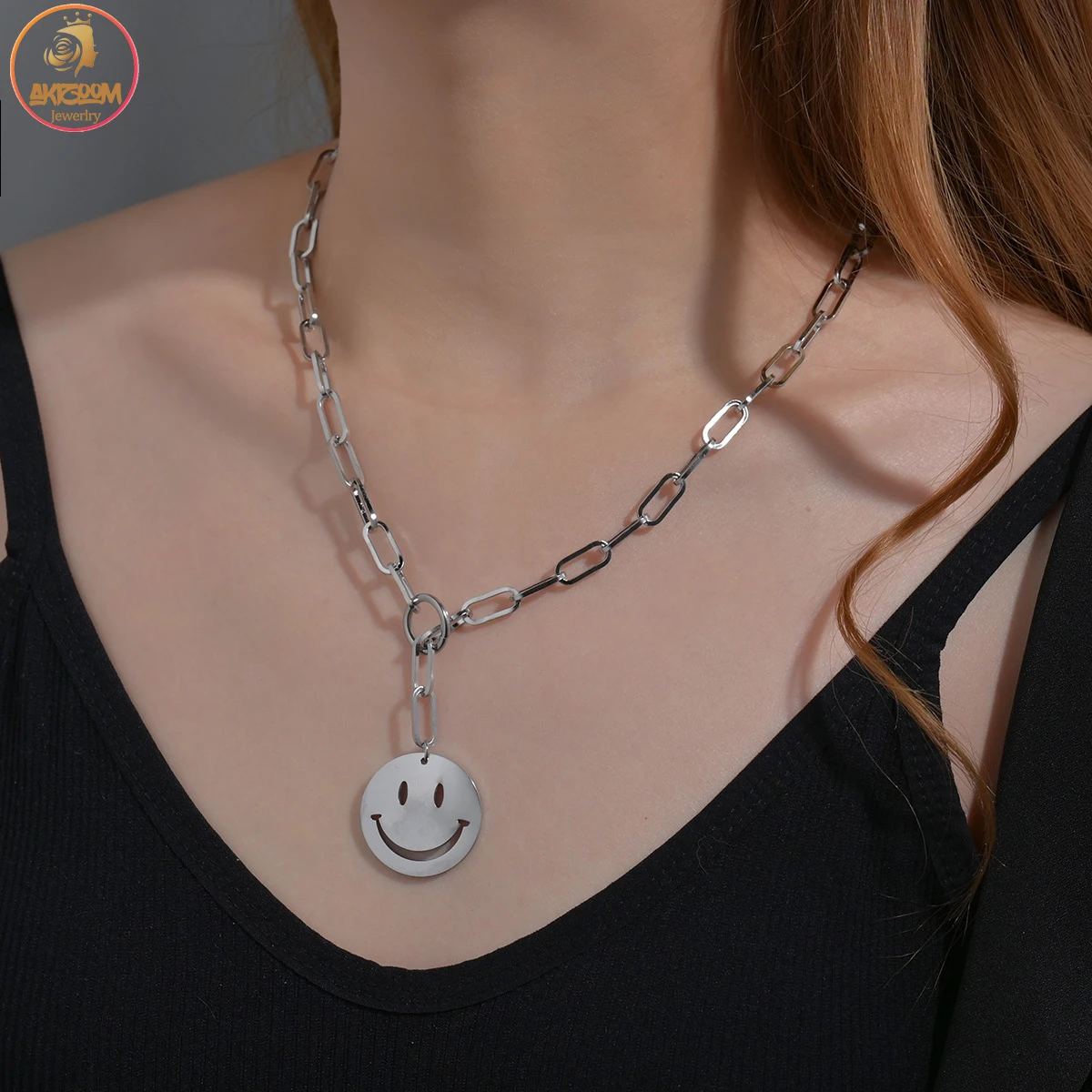 Akizoom Stainless Steel Necklaces New Charms Pendant Link Chain Silver Color Necklace for Women Jewelry Party Gift Wholesale