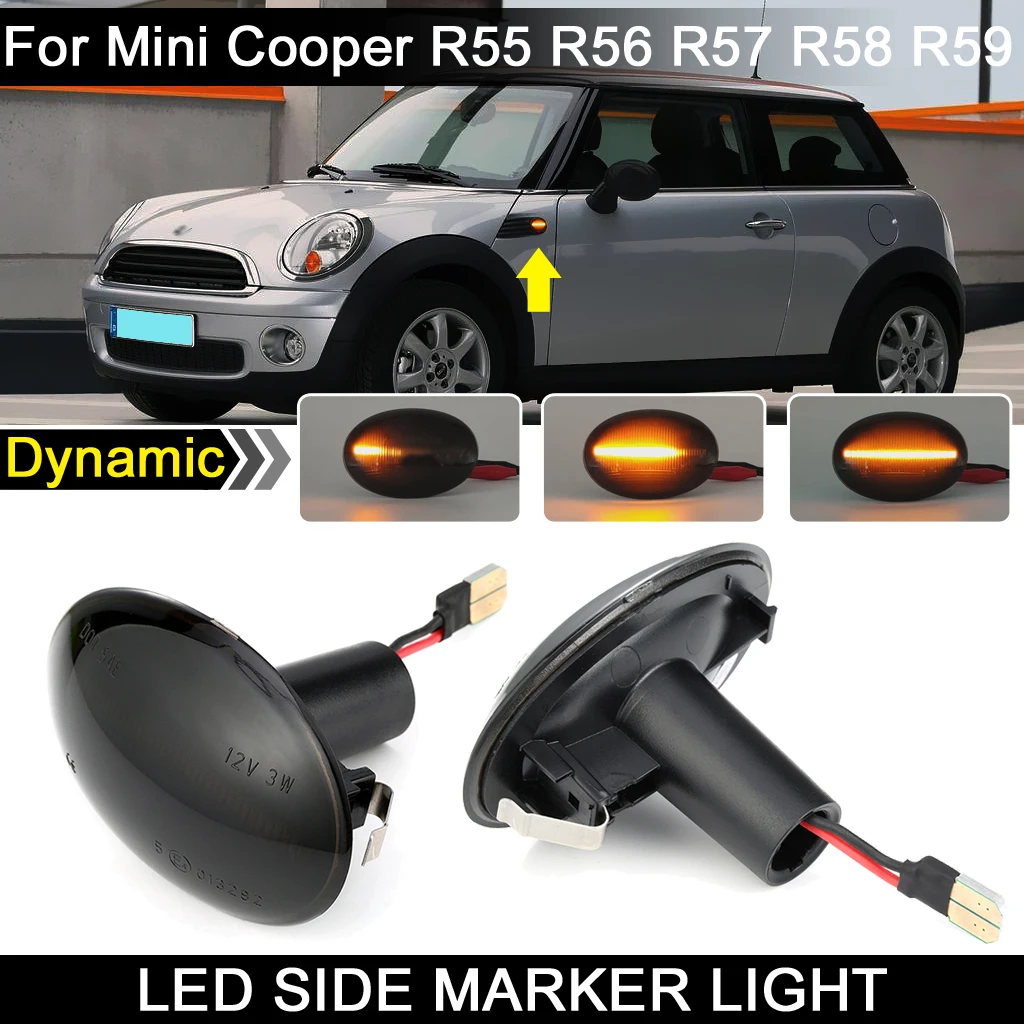 

2Pcs For Mini Cooper R55 R56 R57 R58 R59 Smoked Lens LED Side Marker Indicator Lamp Dynamic Amber Turn Signal Light