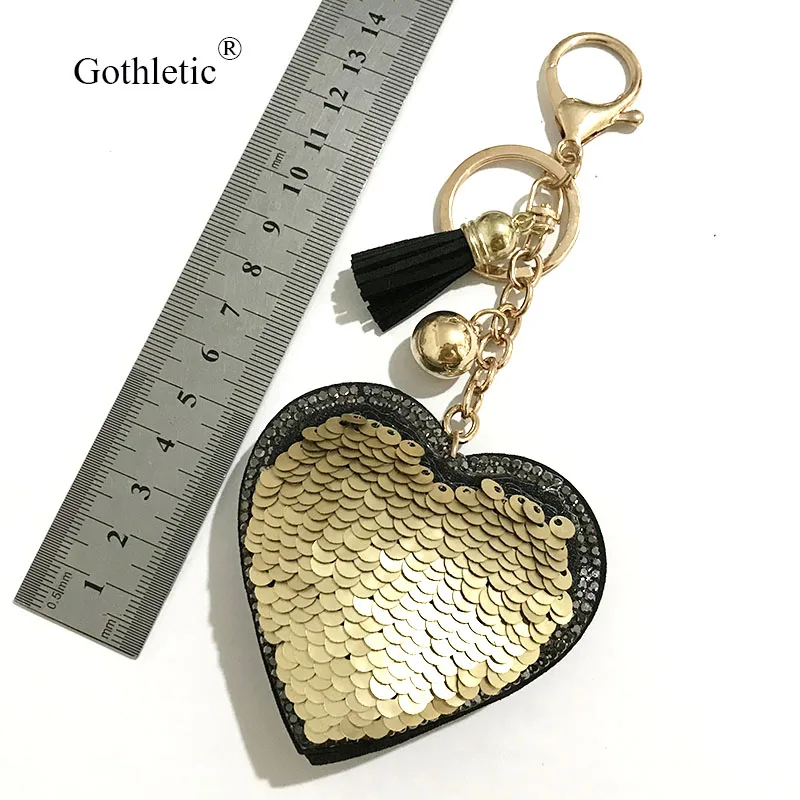 Gothletic Two Tone Gold/Silver Color Sequin Puffy Heart Key Ring Bag Accessories