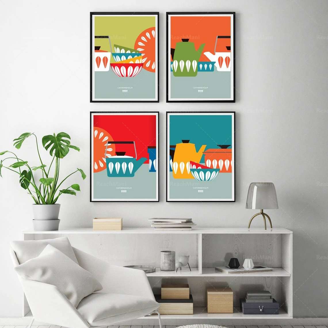 Catherine Holm Kitchen Art Print, Set of 4 Prints - Scandinavian Kitchen Print, Cathrineholm Poster Prints, Mid Century Modern K